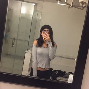 Gray Forever 21 off-the-shoulder lettuce trim